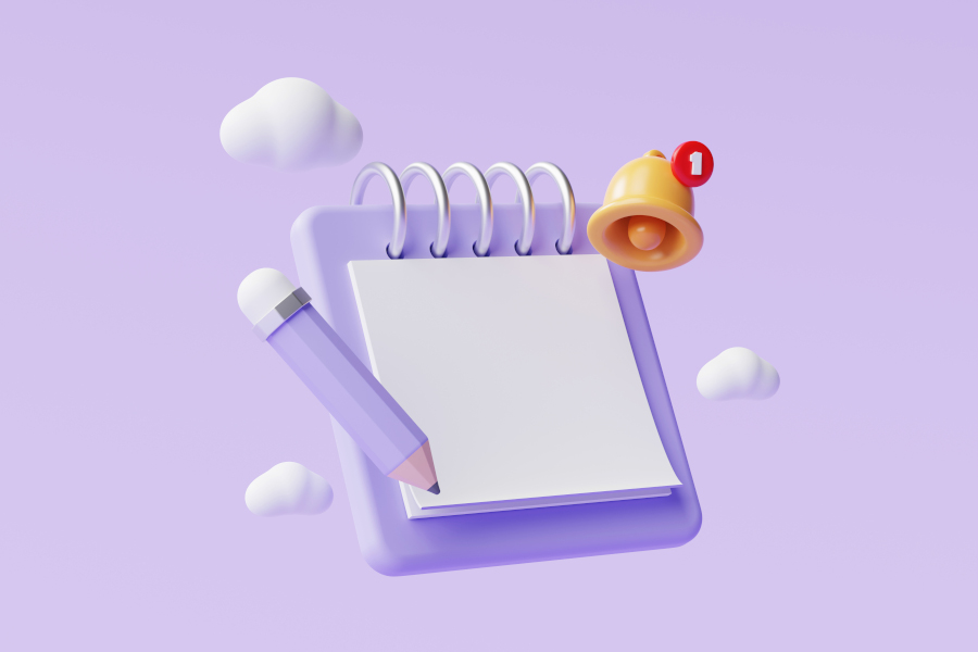 3d render calendar data checklist with pencil, hourglass, magnifier, light bulb and stationery fly around. Week and month planning events, deadlines and agenda, Illustration in cartoon plastic style